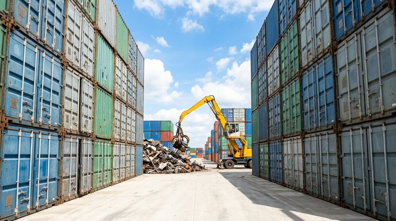 Corredor entre pilhas de containers no pátio da Ecovale Metais